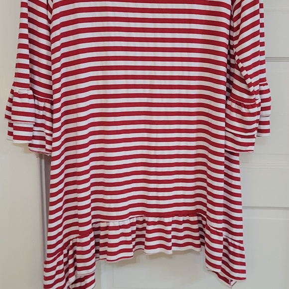 Forgotten Grace Sz L Red White Stripe Tunic 3/4 sleeves w Ruffle NWT - Picture 4 of 4